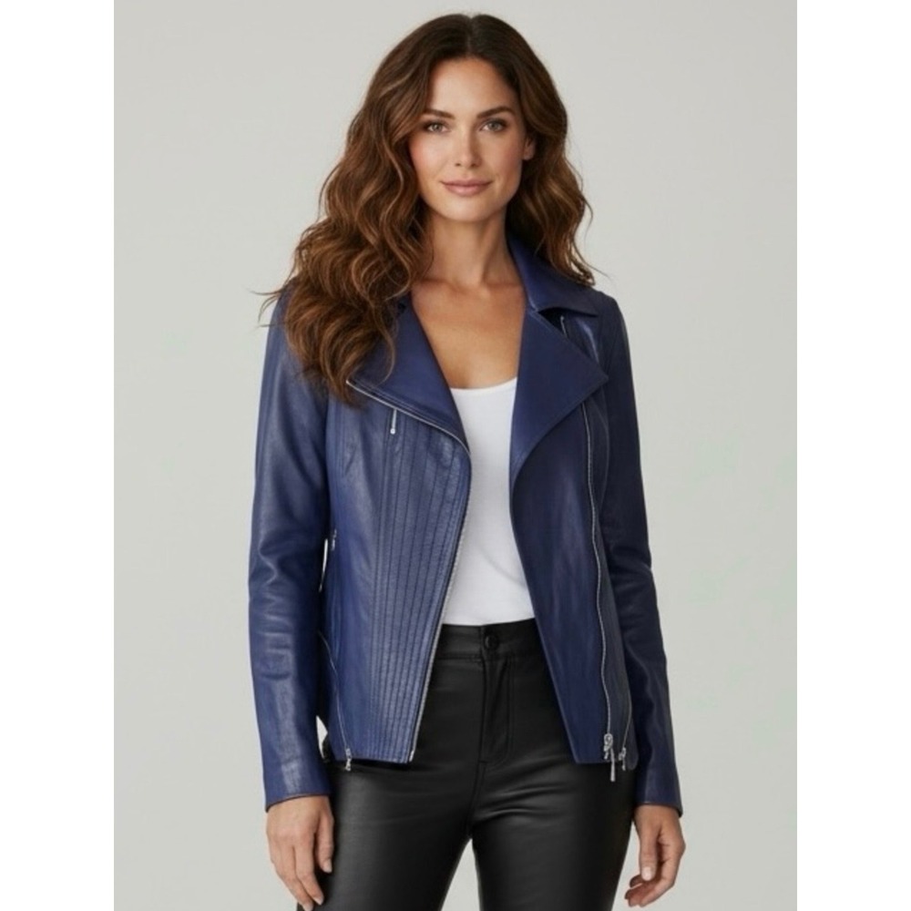Escada Sport Blue Lamb Leather Moto Jacket Grace Pintuck Pleat 42